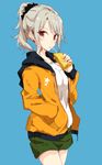  black_scrunchie blue_background brown_eyes drinking eyebrows_visible_through_hair grey_hair hand_in_pocket hood hood_down hoodie jacket long_sleeves looking_at_viewer open_clothes open_jacket original ponytail scrunchie shiina_kuro simple_background solo 