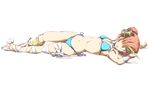  barefoot bikini blue_swimsuit brown_hair commentary_request fate/grand_order fate_(series) frankenstein's_monster_(fate) frankenstein's_monster_(swimsuit_saber)_(fate) hair_bun hair_over_one_eye hand_on_head highres leg_wrap looking_at_viewer lying maru_sashi navel neckerchief on_back open_mouth purple_eyes side-tie_bikini solo swimsuit white_background wrist_wrap 