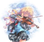  2015 blonde_hair blue_shirt closed_eyes cowboy_shot dated dress_shirt eyebrows_visible_through_hair floating_hair grey_jacket grey_skirt hair_between_eyes holding holding_instrument instrument jacket katzyrine long_hair miniskirt miyazono_kawori music necktie open_clothes open_jacket playing_instrument pleated_skirt red_neckwear shigatsu_wa_kimi_no_uso shirt skirt smile solo very_long_hair violin watermark web_address white_background 