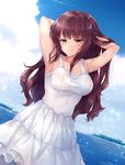  armpits arms_behind_head arms_up bangs bare_arms bare_shoulders blunt_bangs breasts brown_eyes brown_hair chaou closed_mouth cloud cloudy_sky collarbone cowboy_shot day dress hand_in_hair light_particles long_hair looking_at_viewer medium_breasts ocean oikawa_nazuna outdoors shiny shiny_hair sidelocks sky sleeveless sleeveless_dress smile solo standing sundress uchiage_hanabi_shita_kara_miru_ka?_yoko_kara_miru_ka? water wet white_dress 