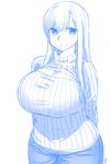  &gt;:) arms_behind_back blue blush breasts closed_mouth ekz_(drawfag) huge_breasts long_hair looking_at_viewer meme_attire monochrome open-chest_sweater original pants ribbed_sweater sketch smile solo sweater turtleneck turtleneck_sweater v-shaped_eyebrows white_background 