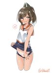  :d bangs bare_arms blush brown_eyes brown_hair cowboy_shot cropped_legs ebifurya eyebrows_visible_through_hair heart highres i-401_(kantai_collection) kantai_collection looking_at_viewer navel open_mouth ponytail pulled_by_self school_swimsuit simple_background smile solo spoken_heart swimsuit swimsuit_pull twitter_username white_background 