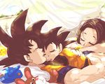  2boys black_hair chi-chi_(dragon_ball) closed_eyes couple curtains dougi dragon_ball dragon_ball_(object) dragon_ball_z family father_and_son hands_on_another's_back hug miiko_(drops7) mother_and_son multiple_boys open_mouth pillow short_hair sky sleeping son_gokuu son_goten spiked_hair sunlight toy window 