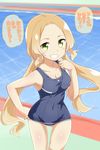  1girl blonde_hair blush breasts green_eyes inubouzaki_fuu iwamototuka looking_at_viewer medium_breasts smile solo swimsuit translation_request twintails yuuki_yuuna_wa_yuusha_de_aru 