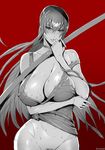  areola_slip areolae blue_eyes blush bottomless breasts busujima_saeko commentary_request fei_(maidoll) highres highschool_of_the_dead huge_breasts katana large_breasts long_hair monochrome nipples pubic_hair red_background solo sweat sword very_long_hair weapon 