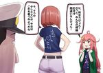  2girls admiral_(kantai_collection) ahoge ark_royal_(kantai_collection) belt blush clothes_writing commentary crescent crescent_hair_ornament from_behind hair_flaps hair_ornament kantai_collection long_hair misumi_(niku-kyu) multiple_girls open_mouth pink_hair red_eyes red_hair shirt short_hair short_sleeves shorts sweatdrop t-shirt translation_request uzuki_(kantai_collection) 