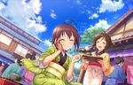  ahoge brown_hair colsoed_eyes eating idolamster_cinderella_girls_starlight_stage idolmaster idolmaster_cinderella_grls short_hair sky smiel village wakiyama_tamami yukata 