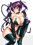  bare_shoulders bikini black_bikini black_legwear blush boots breasts cleavage demon_girl demon_horns demon_tail hair_ribbon highres horns huge_breasts keita_(tundereyuina) leather leather_boots long_hair looking_at_viewer navel off_shoulder open_mouth original purple_hair red_eyes ribbon simple_background sleeves_past_wrists solo swimsuit tail thigh_boots thighhighs twintails white_background 