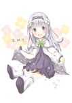  :d absurdres alternate_hairstyle bad_id bad_pixiv_id bangs blunt_bangs blush boots bow character_name commentary_request dress emilia_(re:zero) eyebrows_visible_through_hair floral_background flower flower_(symbol) frilled_dress frills green_bow hair_flower hair_ornament hair_ribbon highres holding_clothes knee_boots layered_clothing long_hair looking_at_viewer open_mouth pointy_ears purple_dress purple_eyes purple_ribbon re:zero_kara_hajimeru_isekai_seikatsu ribbon rose sidelocks silver_hair sitting_on_floor smile solo striped striped_legwear white_background white_cloak white_flower white_footwear white_legwear white_rose x_hair_ornament younger yuno_(suke_yuno) 
