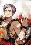  bare_shoulders flamethrower grin highres jumpsuit juuni_taisen male_focus nakuru_796 purple_hair smile solo teeth tsumita_takeyasu upper_body weapon yellow_eyes 