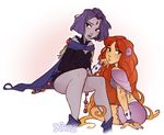  adapted_costume cape dc_comics forehead_jewel green_eyes grey_skin leotard long_hair midriff multiple_girls purple_hair raven_(dc) red_hair short_hair skirt skirtzzz starfire teen_titans 