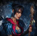  1girl areolae black_hair breasts cleavage dragon_age feather gloves lips looking_at_viewer medium_breasts morrigan necklace nose realistic solo staff standing watermark yellow_eyes 