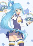  :d anarchojs aqua_(konosuba) ass bare_shoulders black_footwear blue_background blue_dress boots breasts commentary_request cowboy_shot detached_sleeves dress fan folding_fan from_behind hair_rings highres holding holding_fan kono_subarashii_sekai_ni_shukufuku_wo! long_hair long_sleeves looking_back medium_breasts no_panties open_mouth rainbow short_dress simple_background sleeveless sleeveless_dress smile solo standing star tareme thigh_boots thighhighs upskirt water white_legwear 