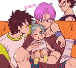  3boys black_eyes black_hair black_shirt blue_eyes blue_hair bra_(dragon_ball) brothers carrying closed_eyes couch dragon_ball dragon_ball_z eyebrows_visible_through_hair father_and_daughter father_and_son hand_on_another's_shoulder heart imminent_kiss looking_at_another miiko_(drops7) multiple_boys one_eye_closed open_mouth pillow purple_hair shirt short_hair siblings simple_background socks son_goten spiked_hair sweatdrop trunks_(dragon_ball) vegeta white_background white_shirt wristband 