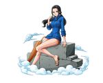  black_hair blue_eyes blue_sweater bodskih closed_umbrella floating_hair long_hair looking_at_viewer nico_robin one_piece one_piece_film_z orange_umbrella sitting smile solo sweater transparent_background twintails umbrella very_long_hair 