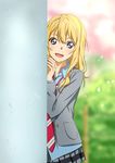  :d blonde_hair blue_eyes blue_shirt grey_jacket grey_skirt hair_between_eyes jacket long_hair looking_at_viewer miniskirt miyazono_kawori necktie open_clothes open_jacket open_mouth peeking_out pleated_skirt red_neckwear saitoyu00 school_uniform shigatsu_wa_kimi_no_uso shirt skirt smile solo standing striped striped_neckwear 