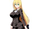  1girl black_clothes blonde_hair blush breasts closed_mouth floating_hair game_cg green_eyes hair_between_eyes highres large_breasts long_hair looking_at_viewer nuko_majin simple_background smile solo standing tearju_lunatique to_love-ru to_love-ru_darkness 