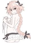  1boy ass astolfo_(fate) bare_arms bare_back bare_shoulders bikini blush braid commentary_request covering covering_chest eyebrows_visible_through_hair fang fate/apocrypha fate_(series) frilled_bikini frills hair_between_eyes hair_ribbon long_hair looking_at_viewer male_focus otoko_no_ko ribbon simple_background single_braid smile solo swimsuit very_long_hair white_background 