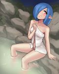  1girl blue_hair breasts collarbone commentary disgaea donburikazoku groin looking_at_viewer navel onsen partially_submerged pleinair pointy_ears red_eyes short_hair small_breasts smile solo towel white_towel 