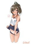  :d bangs bare_arms blush brown_eyes brown_hair cowboy_shot cropped_legs ebifurya eyebrows_visible_through_hair heart highres i-401_(kantai_collection) kantai_collection looking_at_viewer navel open_mouth ponytail pubic_hair pulled_by_self school_swimsuit simple_background smile solo spoken_heart swimsuit swimsuit_pull twitter_username white_background 