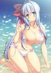  1girl areolae bikini blue_hair blush bow breasts dengeki_moeou female green_eyes hair_ribbon kayurayuka large_breasts long_hair looking_at_viewer navel nipples sitting smile solo swimsuit wet 