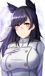  animal_ears atago_(azur_lane) azur_lane black_hair blush breasts brown_eyes buttons commentary_request extra_ears gloves highres kuuki_(rakam) large_breasts long_hair looking_at_viewer military mole mole_under_eye smile solo uniform white_gloves 
