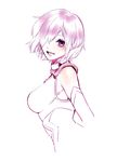  :d bare_shoulders blush breasts cropped_torso elbow_gloves fate/grand_order fate_(series) from_side gloves hair_over_one_eye large_breasts looking_at_viewer looking_to_the_side mash_kyrielight monochrome open_mouth pink pink_eyes pink_hair short_hair simple_background smile solo tenobe white_background 