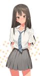  arms_behind_back blush brown_hair chomoran commentary_request cowboy_shot earrings green_eyes highres idolmaster idolmaster_cinderella_girls jewelry long_hair looking_at_viewer necklace necktie pleated_skirt school_uniform shibuya_rin sketch skirt solo white_background 