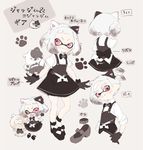  1girl ;d alternate_costume animal_ears back black_bow black_gloves blush_stickers bow cat_ears cyan_beans domino_mask dress fake_animal_ears fang full_body gloves inkling jajji-kun_(splatoon) kojajji-kun_(splatoon) long_hair mask one_eye_closed open_mouth overalls pink_eyes short_hair short_ponytail short_sleeves silver_hair sleeves_rolled_up smile splatoon_(series) tentacle_hair text_focus translation_request 