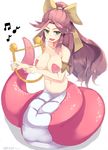  :d armband bangs beamed_eighth_notes blush breasts commentary_request eighth_note fangs full_body green_eyes hair_ribbon hanjuku_hero harp highres holding holding_instrument instrument lamia large_breasts long_hair looking_at_viewer monster_girl music musical_note navel nude open_mouth parted_bangs pasties pink_hair playing_instrument ponytail ribbon simple_background smile solo tinpam v-shaped_eyebrows very_long_hair white_background yellow_ribbon 