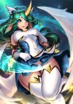  absurdres animal_ears aqua_eyes armlet bad_id bad_pixiv_id bangs breasts cian_yo covered_navel dress dress_lift glint gloves green_hair highres horn league_of_legends long_hair low_wings medium_breasts panties short_dress solo soraka star_guardian_soraka swept_bangs thighhighs underwear upskirt white_gloves white_legwear white_wings wings 