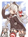  :o ahoge akitsushima_(kantai_collection) amatsukaze_(kantai_collection) animal arm_at_side arm_up ass_visible_through_thighs bangs beak bird black_choker black_eyes black_hairband blue_sky blush blush_stickers breasts brown_dress buttons chicken choker cloud cloudy_sky colored_eyelashes cowboy_shot day dress eyebrows eyebrows_visible_through_hair floating_hair food garter_straps gloves hair_between_eyes hair_tubes hairband holding holding_animal holding_food ice_cream ice_cream_cone kantai_collection lavender_hair legs_apart lifebuoy long_hair long_sleeves looking_at_viewer monaka_ooji multiple_girls no_nose open_mouth orange_eyes outdoors outline raised_eyebrows sailor_collar sailor_dress short_dress side_ponytail silver_hair sky sleeves_past_wrists small_breasts solo_focus standing straight_hair striped striped_legwear sweat thighhighs triangle_mouth tsurime two_side_up v-shaped_eyebrows very_long_hair white_gloves white_outline windsock zettai_ryouiki 