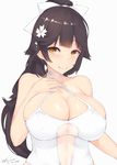  azur_lane bangs black_hair blush bow breasts cleavage collarbone criss-cross_halter dated eyebrows_visible_through_hair flower hair_bow hair_flower hair_ornament halterneck hand_on_own_chest kuavera large_breasts long_hair looking_at_viewer one-piece_swimsuit orange_eyes ponytail simple_background skindentation smile solo swimsuit takao_(azur_lane) twitter_username upper_body white_background white_bow white_swimsuit 