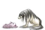  black_eyes black_hair commentary creature crossover from_side full_body fullmetal_alchemist highres looking_at_another made_in_abyss mitty_(made_in_abyss) nina_tucker no_humans o_o open_mouth sitting sketch spoilers sugisaki_shiro tail teeth trait_connection white_background 