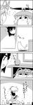  4koma :x animal_ears carrying_overhead cat cat_ears cat_tail chen comic commentary_request gap greyscale hat highres long_hair mob_cap monochrome multiple_girls multiple_tails picture_frame skirt skirt_set smile tail tani_takeshi touhou translation_request vase yakumo_yukari yukkuri_shiteitte_ne 