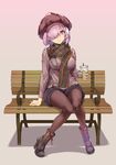  bench boots casual commentary fate/grand_order fate_(series) hair_over_one_eye hat high_heel_boots high_heels highres lavender_hair mash_kyrielight pantyhose purple_eyes scarf short_hair shorts sitting starbucks sweater zutta 