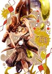  blonde_hair closed_mouth dated domino_mask full_body goggles goggles_on_head hair_slicked_back hakama hand_on_head harutarou_(orion_3boshi) highres holding holding_weapon ink_tank_(splatoon) inkling japanese_clothes kimono looking_at_viewer male_focus mask octobrush_(splatoon) outside_border paint_splatter pointy_ears sandals scrunchie short_hair splatoon_(series) splatoon_1 standing standing_on_one_leg striped tabi topknot vertical_stripes weapon white_legwear yellow_eyes yukata 