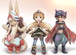  1girl 1other :3 absurdres animal_ears blonde_hair blue_legwear blush brown_eyes brown_hair closed_mouth crossed_arms ears_through_headwear eyebrows_visible_through_hair furry glasses green_eyes hat helmet highres horokusa_(korai) long_hair looking_at_viewer made_in_abyss nanachi_(made_in_abyss) navel pith_helmet regu_(made_in_abyss) riko_(made_in_abyss) short_hair smile teeth thighhighs twintails white_hair 
