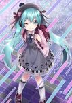  ;) backpack bag bass_clef beamed_eighth_notes beamed_sixteenth_notes blue_eyes blue_hair commentary_request dress eighth_note eyebrows_visible_through_hair hair_between_eyes half_note hat hatsune_miku konayama_kata long_hair looking_at_viewer musical_note musical_note_print natural_sign one_eye_closed piano_keys piano_print sixteenth_note smile solo treble_clef twintails vocaloid 