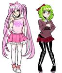  2girls couple danganronpa green_eyes green_hair long_hair monaka_(danganronpa) multiple_girls pantyhose pink_eyes pink_hair ribbon short_hair skirt smile tied_hair twintails utsugi_kotoko zettai_zetsubou_shoujo 