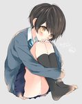  amesawa_mokke bangs black_hair black_legwear blue_neckwear blush brown_eyes cardigan closed_mouth collared_shirt eyebrows_visible_through_hair full_body grey_background highres kneehighs knees_up leg_hug legs_together necktie open_cardigan open_clothes original panties school_uniform shirt short_hair sidelocks simple_background sitting smile solo tareme thighs underwear white_panties white_shirt 