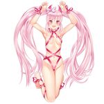  1girl areolae bow breasts danganronpa erect_nipples fake_horns hairband horns long_hair medium_breasts navel nude pink_eyes pink_hair smile solo tied_hair twintails un4lord utsugi_kotoko zettai_zetsubou_shoujo 