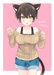  amesawa_mokke animal_ears bangs bare_shoulders blush breasts cat_ears cat_tail collarbone cowboy_shot eyebrows_visible_through_hair hands_up highres large_breasts looking_at_viewer open_mouth original ribbed_sweater short_hair shorts sidelocks solo sweater tail tareme teeth 