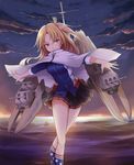  american_flag_legwear azur_lane blonde_hair capelet cleveland_(azur_lane) evening highres kneehighs long_hair looking_at_viewer miniskirt multicolored multicolored_clothes multicolored_legwear ocean one_side_up pleated_skirt red_eyes shiro_haoto skirt smile solo walking walking_on_liquid white_capelet 