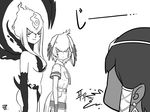  collared_shirt commentary evelynn eyebrows_visible_through_hair feathered_wings gloves greyscale hair_between_eyes head_wings karma_(league_of_legends) kemono_friends league_of_legends long_hair low_ponytail monochrome multiple_girls necktie pointy_ears ranger_squirrel shirt shoebill_(kemono_friends) short_hair short_sleeves side_ponytail tsurime wings 