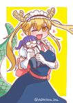  ;d alternate_hair_color bangs blue_dress blue_hair blush character_doll cowboy_shot dot_nose dragon_horns dragon_tail dress eyebrows_visible_through_hair glasses gloves hair_between_eyes heart horns kobayashi-san_chi_no_maidragon kobayashi_(maidragon) long_hair looking_at_viewer maid maid_headdress multiple_girls one_eye_closed open_mouth quad_tails red_eyes shake-o smile standing sweatdrop tail tooru_(maidragon) twitter_username white_gloves yellow_background 