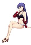  arm_support bangs bare_legs bikini black_bikini black_neckwear blue_eyes blue_hair blunt_bangs blush breasts closed_mouth cross cross_necklace crossed_legs eyebrows_visible_through_hair fate/grand_order fate_(series) frilled_bikini frills from_side full_body highres ikezawa_shin jacket jewelry long_hair long_sleeves looking_at_viewer looking_to_the_side medium_breasts navel necklace off_shoulder red_jacket saint_martha saint_martha_(swimsuit_ruler)_(fate) sandals simple_background single_bare_shoulder sitting smile solo swimsuit white_background 