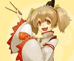  :3 :d bowl brown_eyes brown_hair chopsticks commentary_request hair_between_eyes hat holding holding_bowl holding_chopsticks japanese_clothes mini_hat open_mouth rice sengoku_collection short_hair smile solo totteri toyotomi_hideyoshi_(sengoku_collection) turtleneck twintails upper_body wide_sleeves yellow_background 