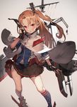  american_flag_legwear azur_lane bangs bikini blonde_hair breasts brown_background cannon cape cleveland_(azur_lane) collar commentary_request crane deal_with_it flush grin gun high_collar holding holding_eyewear long_hair looking_at_viewer machinery mast medium_breasts meme_attire multicolored multicolored_clothes multicolored_legwear navel one_side_up parted_bangs pleated_skirt red_eyes rigging side-tie_bikini simple_background skirt sleeves_rolled_up smile smug socks solo sunglasses swimsuit toridamono turret weapon 