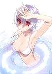  albino arm_up armpits bad_anatomy bangs bikini blue_innertube breasts cleavage commentary day food food_in_mouth hair_between_eyes innertube large_breasts looking_at_viewer mouth_hold ocean original partially_submerged popsicle red_eyes rimo short_hair silver_hair solo swimsuit twisted_torso twitter_username white_bikini white_hair 